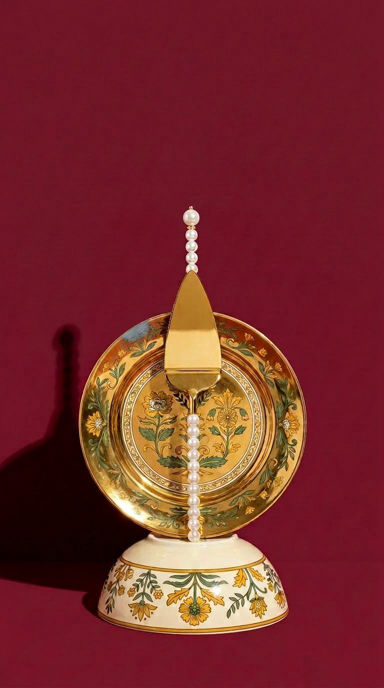 Golden cake server on decorative gold plate